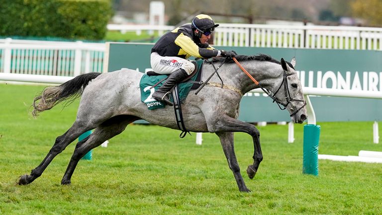 CHELTENHAM, ENGLAND - NOVEMBER 14: Robbie Power riding Eldorado Allen clear the last to win The From The Horse's Mouth Podcast Novices' Chase at Cheltenham Racecourse on November 14, 2020 in Cheltenham, England. Owners are allowed to attend if they have a runner at the meeting otherwise racing remains behind closed doors to the public due to the Coronavirus pandemic. (Photo by Alan Crowhurst/Getty Images)