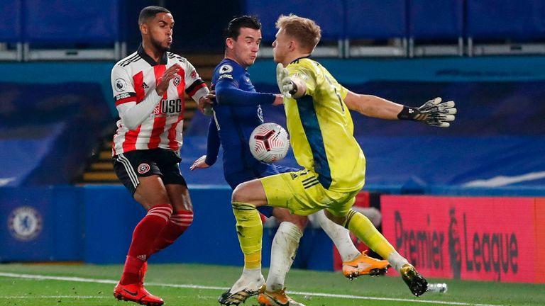 Ben Chilwell scores past Aaron Ramsdale in Chelsea's win over Sheffield United