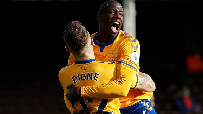 Abdoulaye Doucoure celebrates with Lucas Digne after putting Everton 3-1 up at Fulham