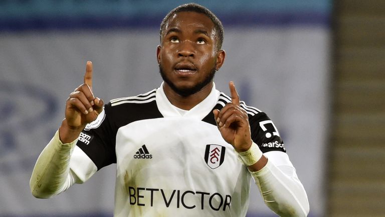 Ademola Lookman celebrates after giving Fulham the lead at Leicester