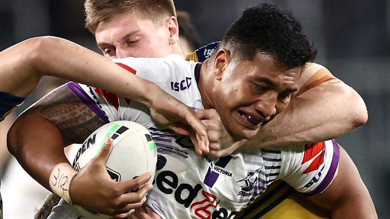 SYDNEY, AUSTRALIA - AUGUST 20: Albert Vete of the Storm is tackled during the round 15 NRL match between the Parramatta Eels and the Melbourne Storm at Bankwest Stadium on August 20, 2020 in Sydney, Australia. (Photo by Cameron Spencer/Getty Images)