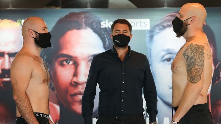 HANDOUT PICTURE COMPLIMENTS OF MATCHROOM BOXING.Alen Babic and Tom Little weigh in ahead of their Heavyweight fight tomorrow night..20 November 2020.Picture By Mark Robinson