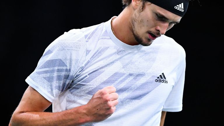 Germany's Alexander Zverev reacts after winning a point against Switzerland's Stanislas Wawrinka during their men's singles quarter-final tennis match on day 5 at the ATP World Tour Masters 1000 - Paris Masters (Paris Bercy) - indoor tennis tournament at The AccorHotels Arena in Paris on November 6, 2020. 