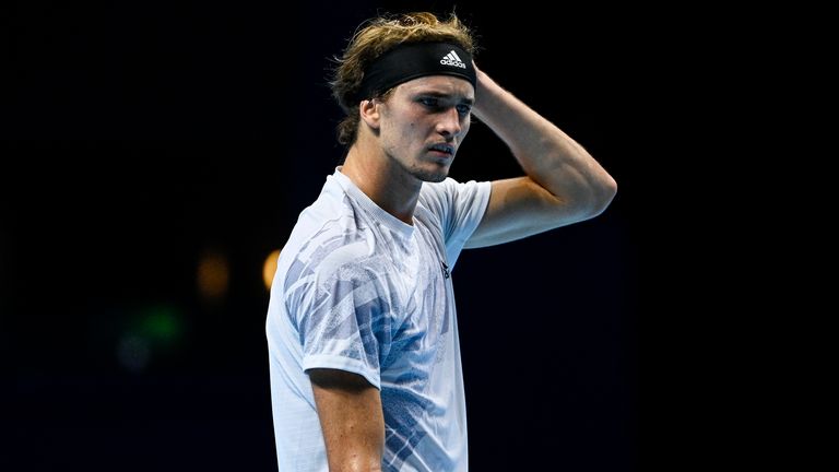 Alexander Zverev of Germany looks perplexed during his match against Daniil Medvedev of Russia during Day 2 of the Nitto ATP World Tour Finals at The O2 Arena on November 16, 2020 in London, England