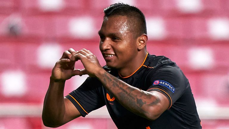 Alfredo Morelos celebrates scoring for Rangers against Benfica