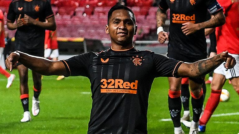 Alfredo Morelos celebrates scoring for Rangers vs Benfica