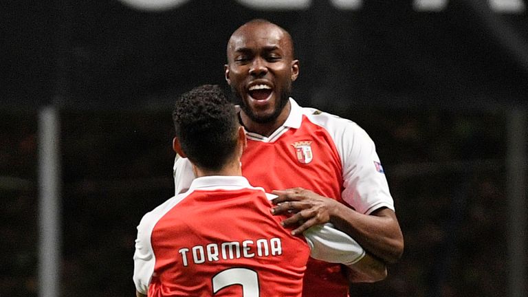 Ali Elmusrati of SC Braga(R) celebrates after scoring their sides first goal with Vitor Tormena of SC Braga(L) during the UEFA Europa League Group G stage match between SC Braga and Leicester City 
