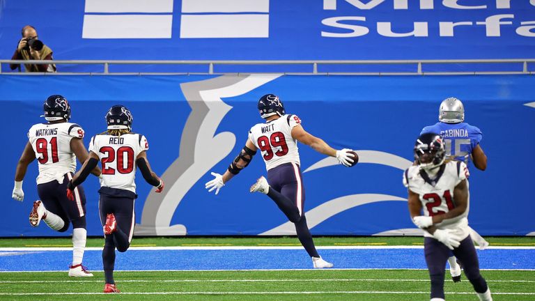 J.J. Watt&#39;s spectacular intercept saw the Houston Texans get on the scoreboard against the Detroit Lions on NFL Thanksgiving.