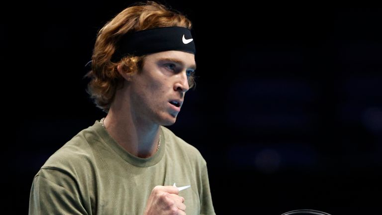Andrey Rublev of Russia reacts during his match against Dominic Thiem of Austria on Day 5 of the Nitto ATP World Tour Finals at The O2 Arena on November 19, 2020 in London, England.