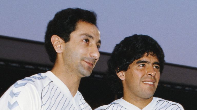 Ossie Ardiles and Diego Maradona before Ardiles' testimonial match between Tottenham Hotspur and Inter Milan at White Hart Lane in July 1986 in London, England