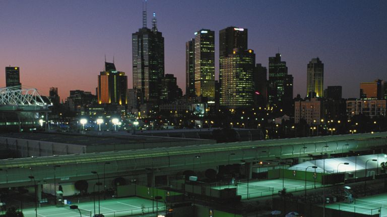 A general nightime view of the outside courts and the Melbourne skyline at the Australian Open Tennis Championships on 23rd January 2002 in Flinders Park in Melbourne, Australia.