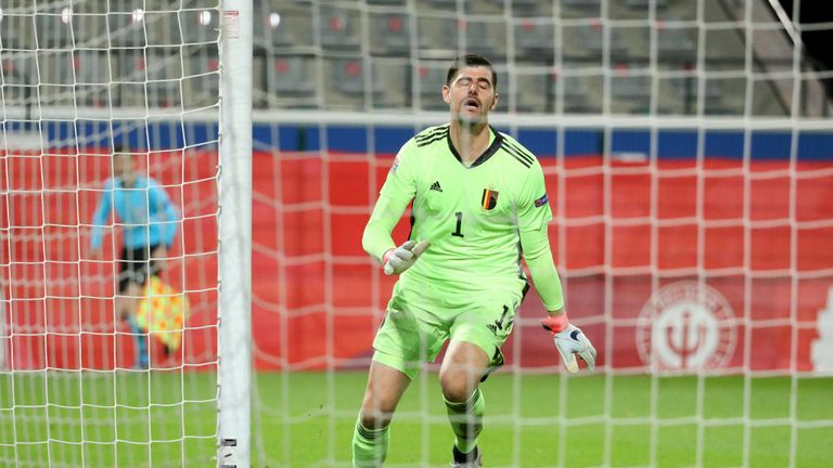 Goalkeeper of Belgium Thibaut Courtois concedes an own goal during the UEFA Nations League group stage match between Belgium (Red Devils) and Denmark at King Power at Den Dreef Stadion on November 18, 2020 in Leuven, Louvain, Belgium. 