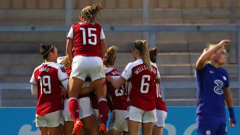 Arsenal celebrate Beth Mead's 86th-minute strike to put them 1-0 ahead