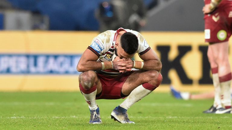 Wigan’s Bevan French looks dejected after the loss.