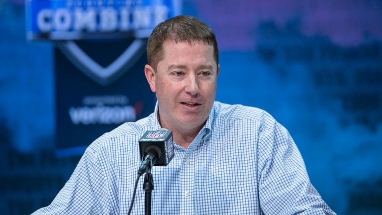 General manager Bob Quinn of the Detroit Lions speaks to the media at the Indiana Convention Center on February 25, 2020 in Indianapolis, Indiana