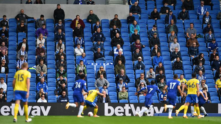 Socially distanced fans watch from the stands during a &#39;pilot event&#39; football match between Brighton and Chelsea