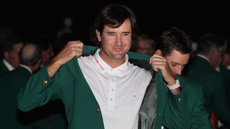 Bubba Watson dons the Green Jacket after winning the 2012 Masters