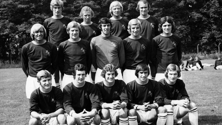 BURNLEY - circa 1973: A line up of the Burnley Football team from left to right: Back Row : Nulty, Ingram, Collins, Nodle Centre : Newton, Thompson, Stevenson, Waldron, Hawkin Front : Docherty, Flethcher, Dobson, Casper, and Leyton James