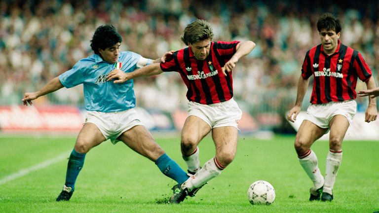 Diego Maradona and Carlo Ancelotti during a Serie A match in October 1990