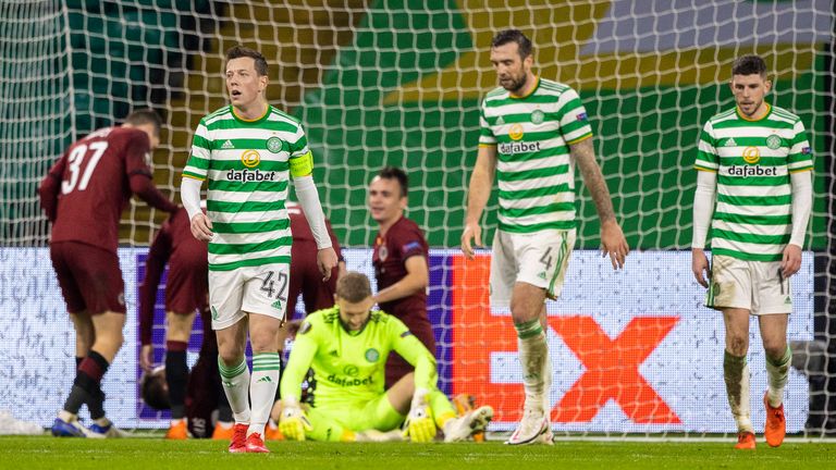 GLASGOW, SCOTLAND - NOVEMBER 05 : Celtic's Callum McGregor, Shane Duffy and Ryan Christie (L-R) after he 3rd goal during  the UEFA Europa League match between Celtic and Sparta Prague  at Celtic Park, on November 05, 2020, in Glasgow, Scotland (Photo by Craig Williamson / SNS Group)