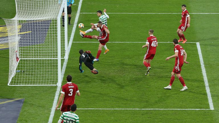 Mohamed Elyounoussi of Celtic scores his sides second goal during the William Hill Scottish Cup second semi-final match between Celtic and Aberdeen