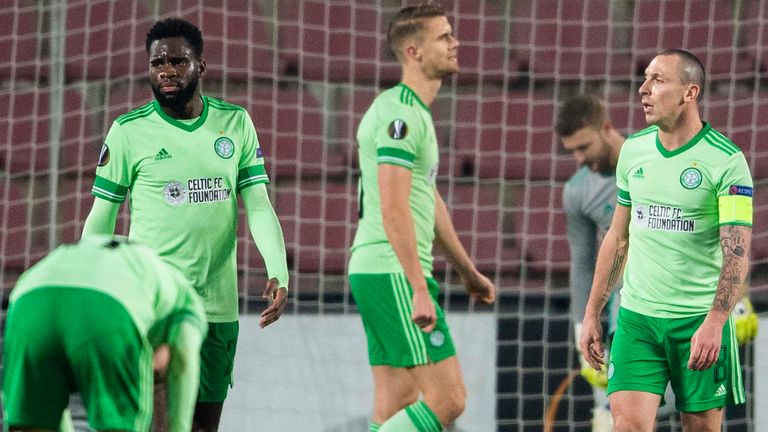Celtic's Odsonne Edouard and Scott Brown look dejected
