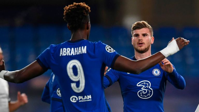 Chelsea's Timo Werner celebrates scoring the opening goal with team-mate Tammy Abraham against Rennes