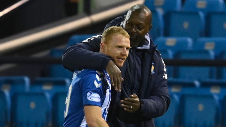 Kilmarnock's Chris Burke with manager Alex Dyer at full time at Rugby Park