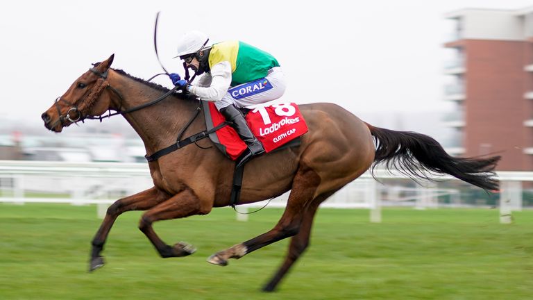Tom Scudamore riding Cloth Cap clear the last to win The Ladbrokes Trophy Chase at Newbury