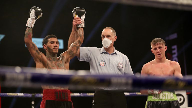 HANDOUT PICTURE COMPLIMENTS OF MATCHROOM BOXING.Conor Benn and Sebastian Formella, WBA Continental Welterweight Title..21 November 2020.Picture By Mark Robinson.Conor Benn celebrates his victory. 