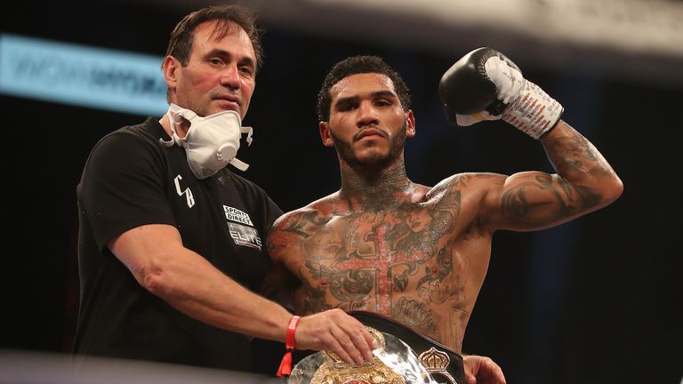HANDOUT PICTURE COMPLIMENTS OF MATCHROOM BOXING.Conor Benn and Sebastian Formella, WBA Continental Welterweight Title..21 November 2020.Picture By Mark Robinson.Conor Benn celebrates victory. 
