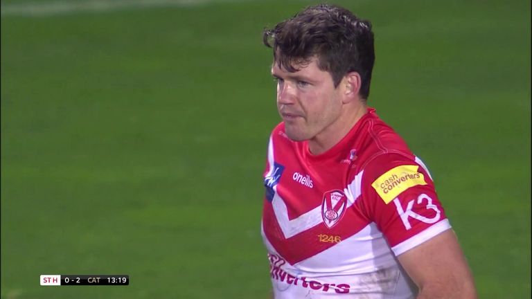 Lachlan Coote goes over for the opening try for St Helens against Catalan Dragons.