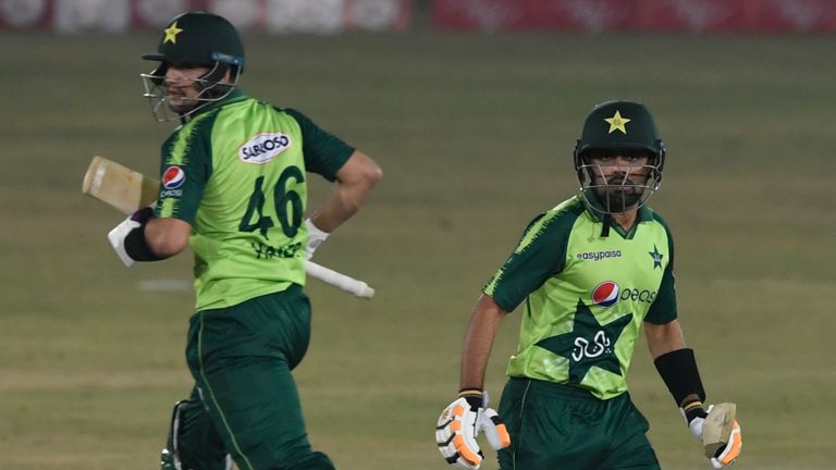 Pakistan batsmen Haider Ali (L) and Babar Azam