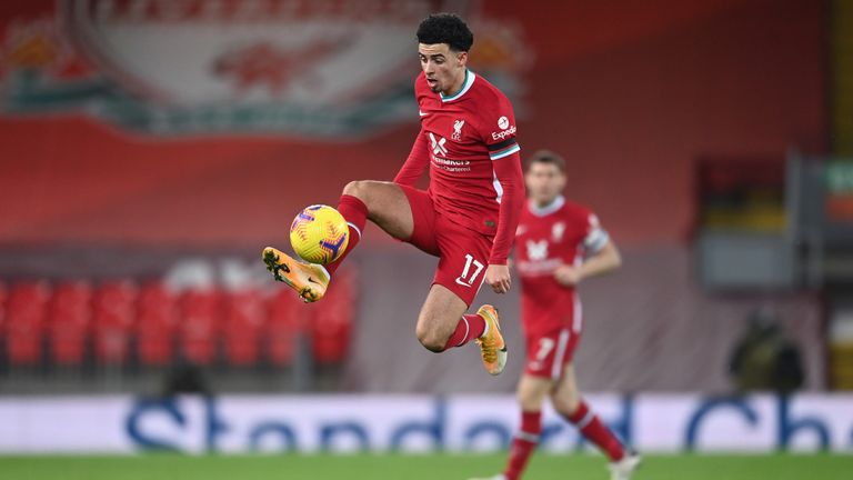 Curtis Jones controls the ball in Liverpool's 3-0 win over Leicester at Anfield