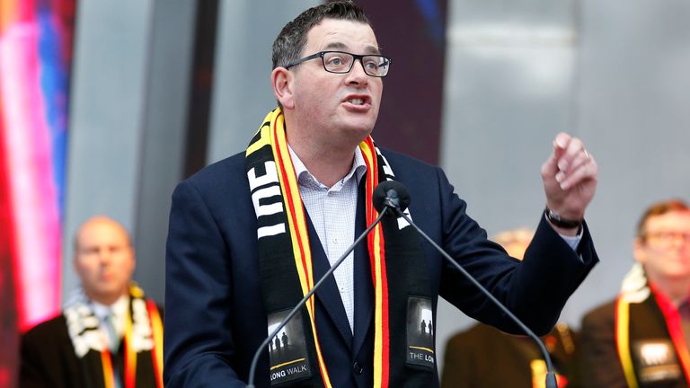 Premier Daniel Andrews speaks to the crowd before walking the M.C.G. for the round 10 AFL match between the Richmond Tigers and the Essendon Bombers at Melbourne Cricket Ground on May 25, 2019 in Melbourne, Australia.