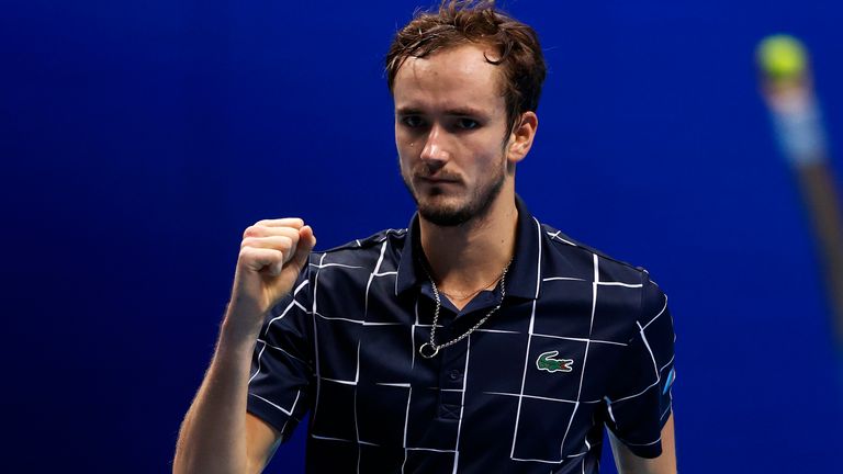 Daniil Medvedev of Russia celebrates winning a point during his singles match against Alexander Zverev of Germany during day two of the Nitto ATP World Tour Finals at The O2 Arena on November 16, 2020 in London, England. 