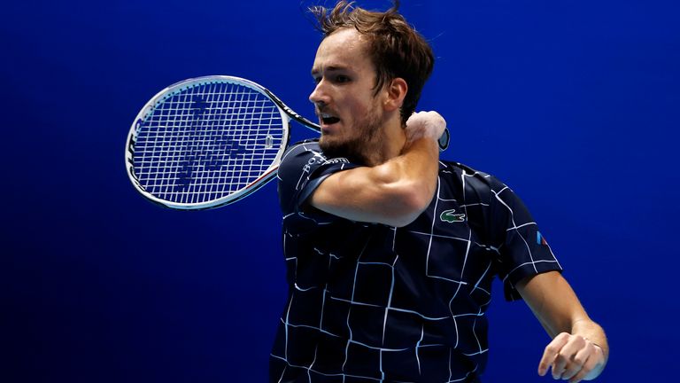 Daniil Medvedev of Russia plays a forehand during his singles match against Alexander Zverev of Germany during day two of the Nitto ATP World Tour Finals at The O2 Arena on November 16, 2020 in London, England.