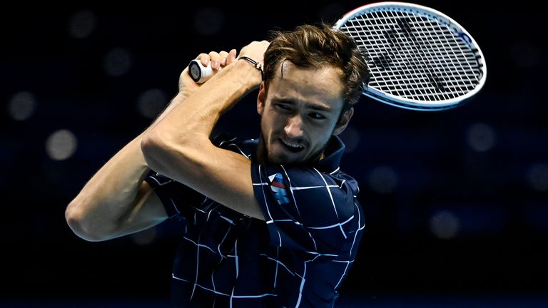 Daniil Medvedev of Russia hits a backhand against Rafael Nadal of Spain on Day 7 of the Nitto ATP World Tour Finals at The O2 Arena on November 21, 2020 in London, England.