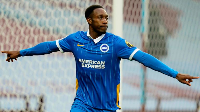 Danny Welbeck celebrates scoring for Brighton against Aston Villa