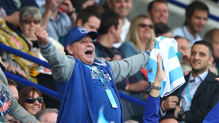 Diego Maradona celebrates Argentina scoring a try during the 2015 Rugby World Cup
