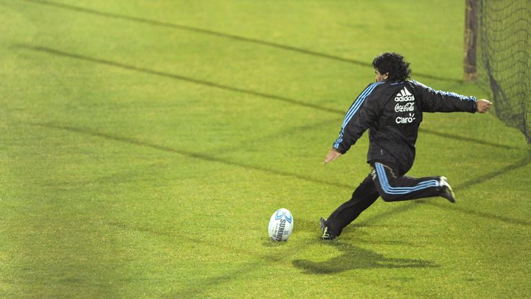 Maradona shows off his kicking skills during a Pumas training session