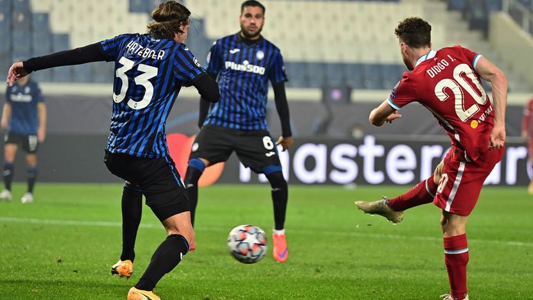 Diogo Jota scores his second goal against Atalanta