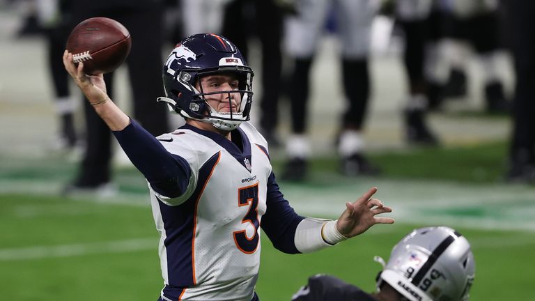 Drew Lock #3 of the Denver Broncos throws against the Las Vegas Raiders during the second half at Allegiant Stadium on November 15, 2020 in Las Vegas, Nevada