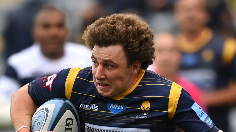 Duncan Weir of Worcester Warriors is tackled by Luke Morahan of Bristol Bears during the Gallagher Premiership Rugby match between Worcester Warriors and Bristol Bears at on September 04, 2020 in Worcester, England.