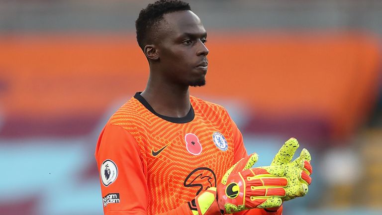 BURNLEY, ENGLAND - OCTOBER 31: Edouard Mendy of Chelsea during the Premier League match between Burnley and Chelsea at Turf Moor on October 31, 2020 in Burnley, United Kingdom. Sporting stadiums around the UK remain under strict restrictions due to the Coronavirus Pandemic as Government social distancing laws prohibit fans inside venues resulting in games being played behind closed doors. (Photo by James Williamson - AMA/Getty Images)