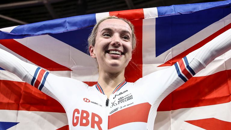 Great Britain track cyclist Elinor Barker celebrates