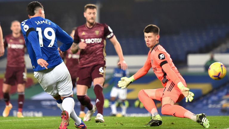 Everton's James Rodriguez scores a goal ruled offside against Leeds