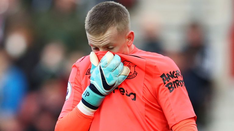 Everton goalkeeper Jordan Pickford is on the substitutes bench to face Newcastle United