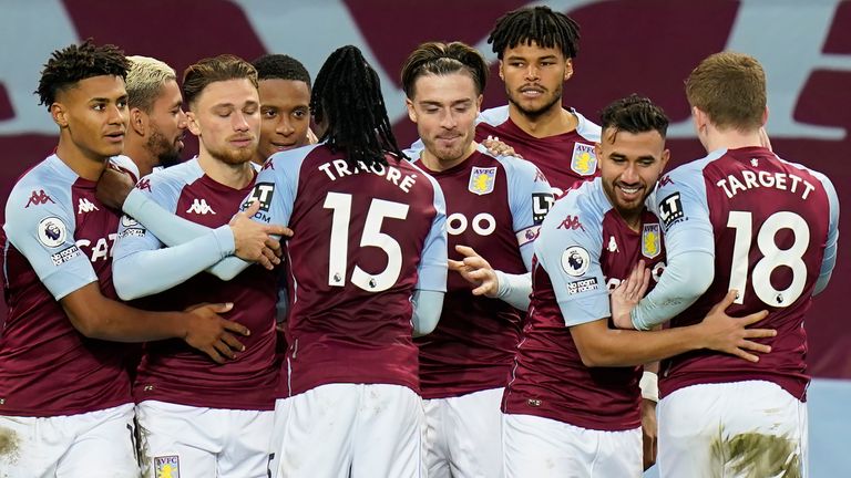 Ezri Konsa celebrates with team-mates after scoring for Aston Villa vs Brighton