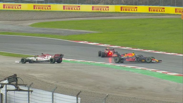 Max Verstappen was right behind Albon but, after a lapped Alfa Romeo went spinning in the final sector, Max does too.